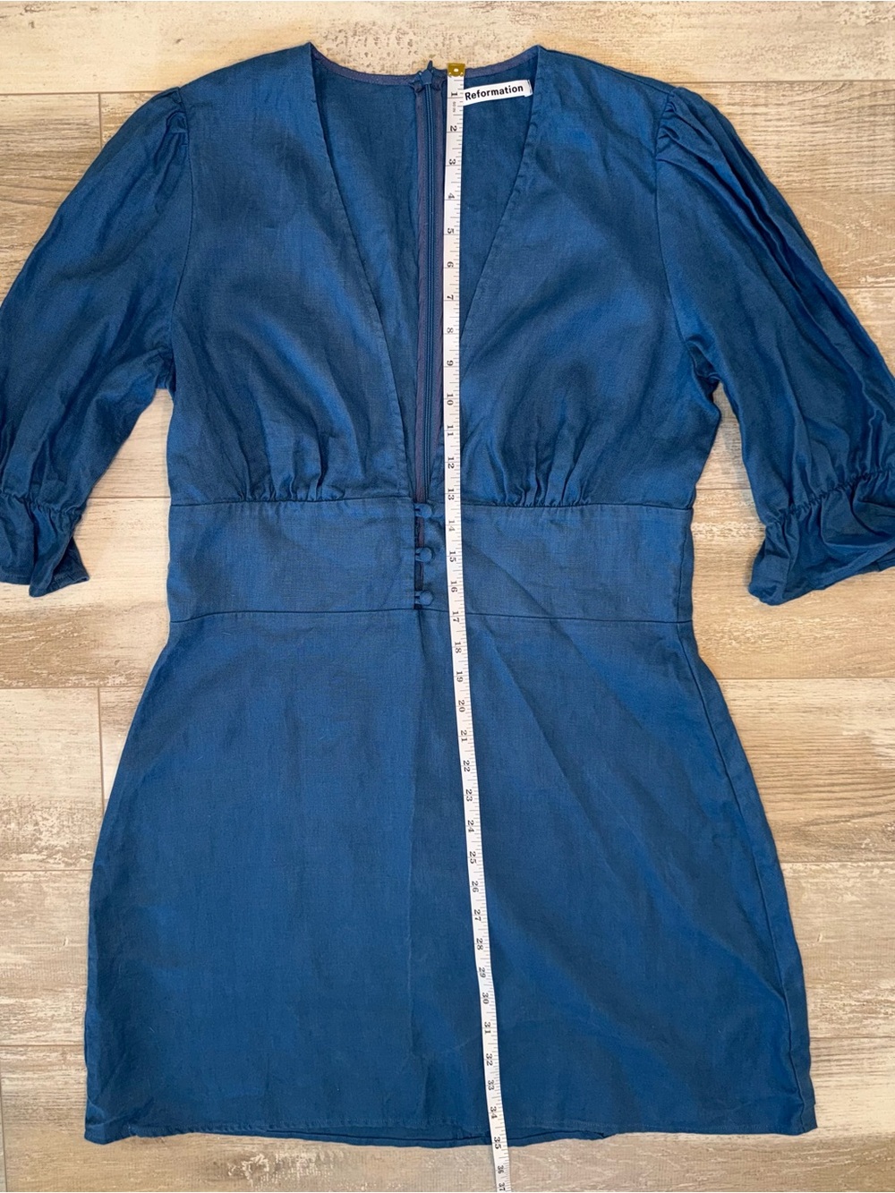 Reformation Simi Linen Mini Dress Blue Puff Sleeve V-Neck Size 12 - Picture 10 of 13